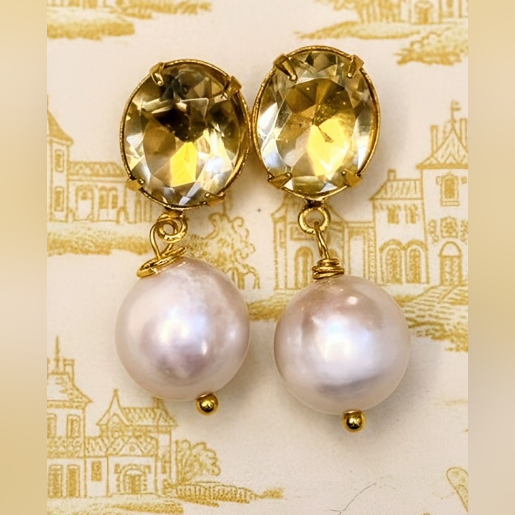 Natural Citrine Approx. 11.7 Carats & White Baroque Pearl Gold Plated Earrings